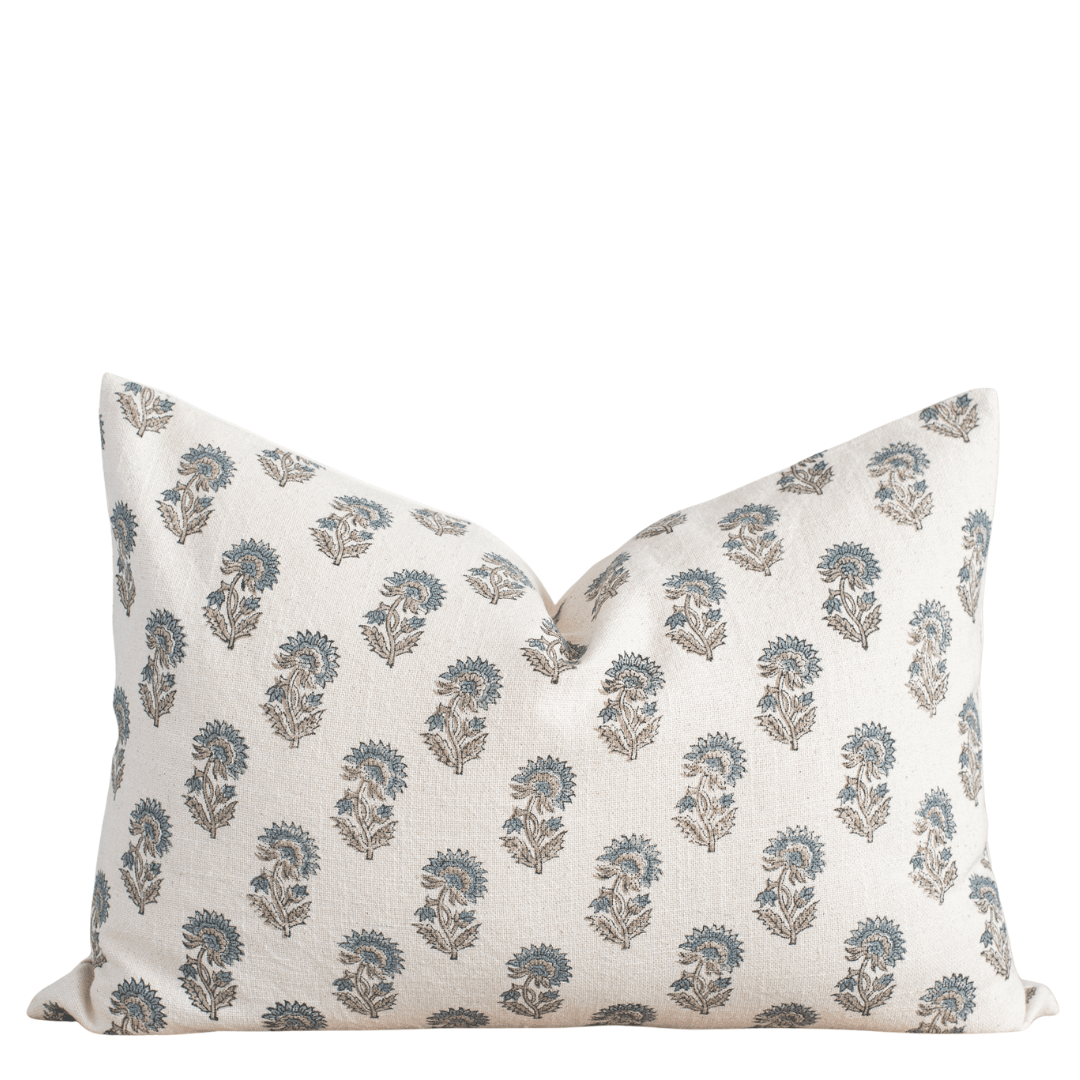 Apartment No.3 Lark Floral Block Printed Cotton Lumbar Pillow Cover | Blue & Cream