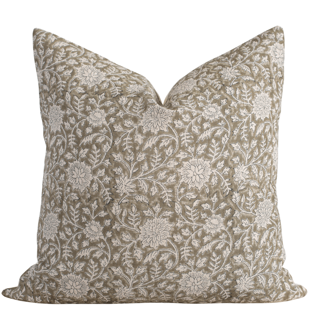 Apartment No.3 Leila Vine Floral Block Print Pillow Cover | Olive Green