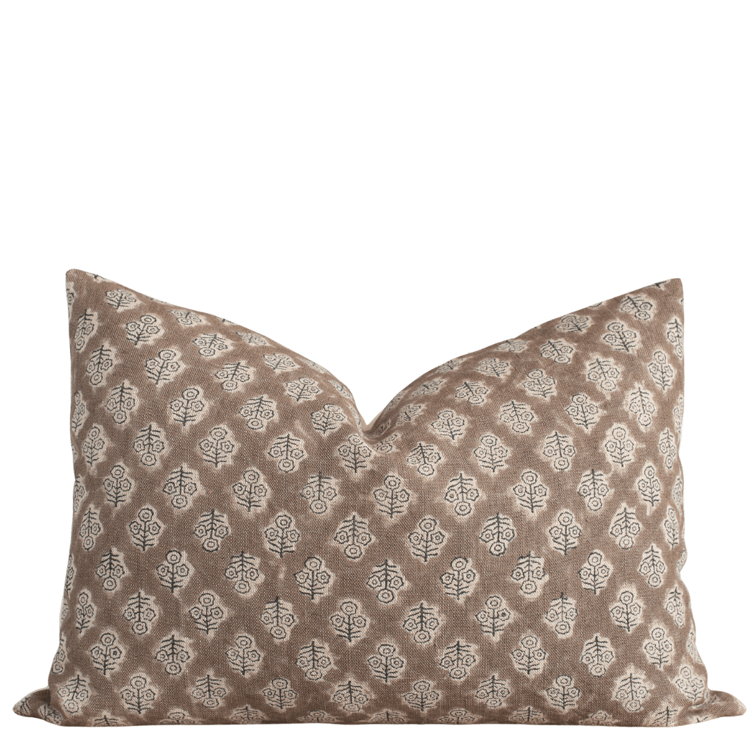 Apartment No.3 Liora Floral Block Printed Linen Lumbar Pillow Cover | Black & Brown
