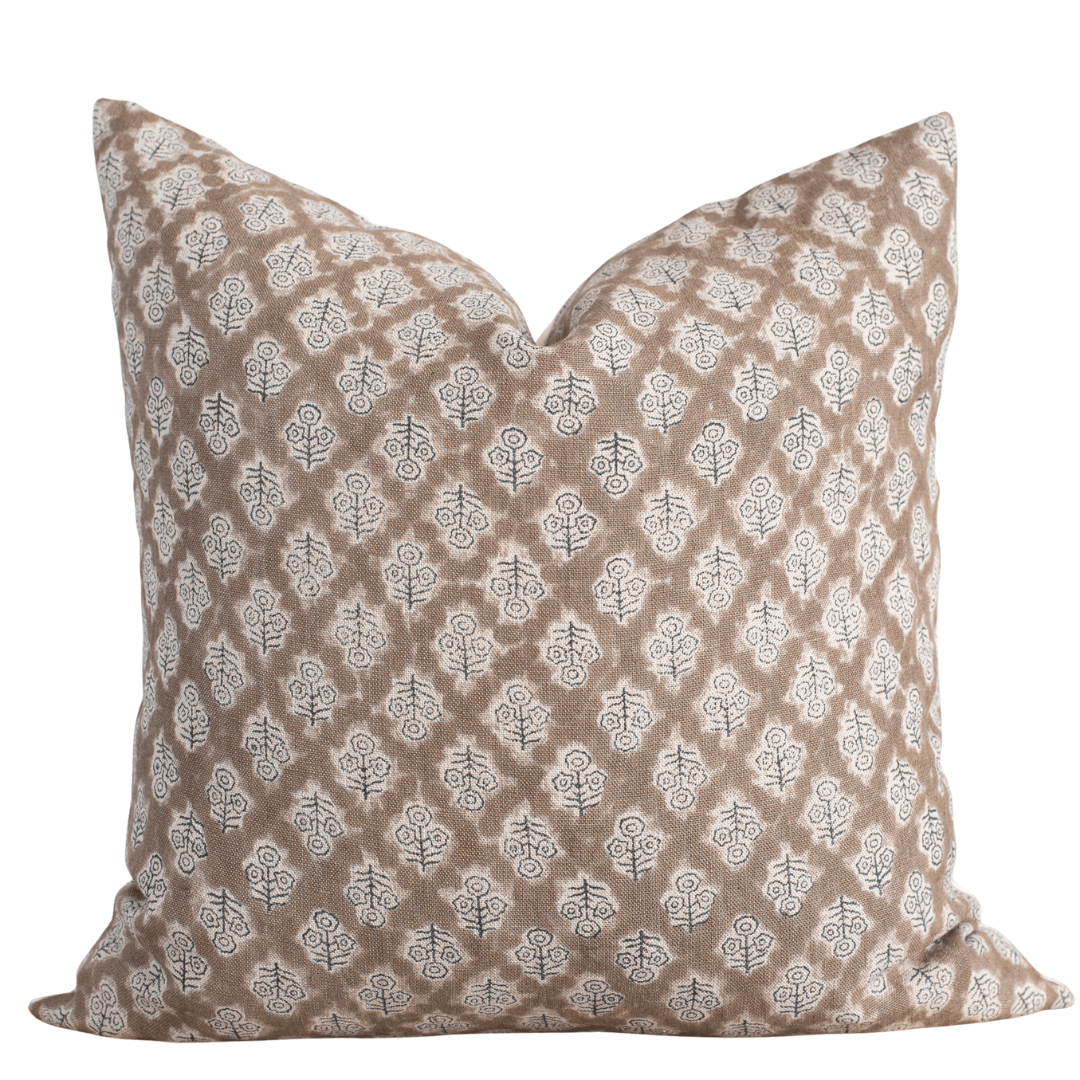 Apartment No.3 Liora Floral Block Printed Linen Pillow Cover | Brown & Cream