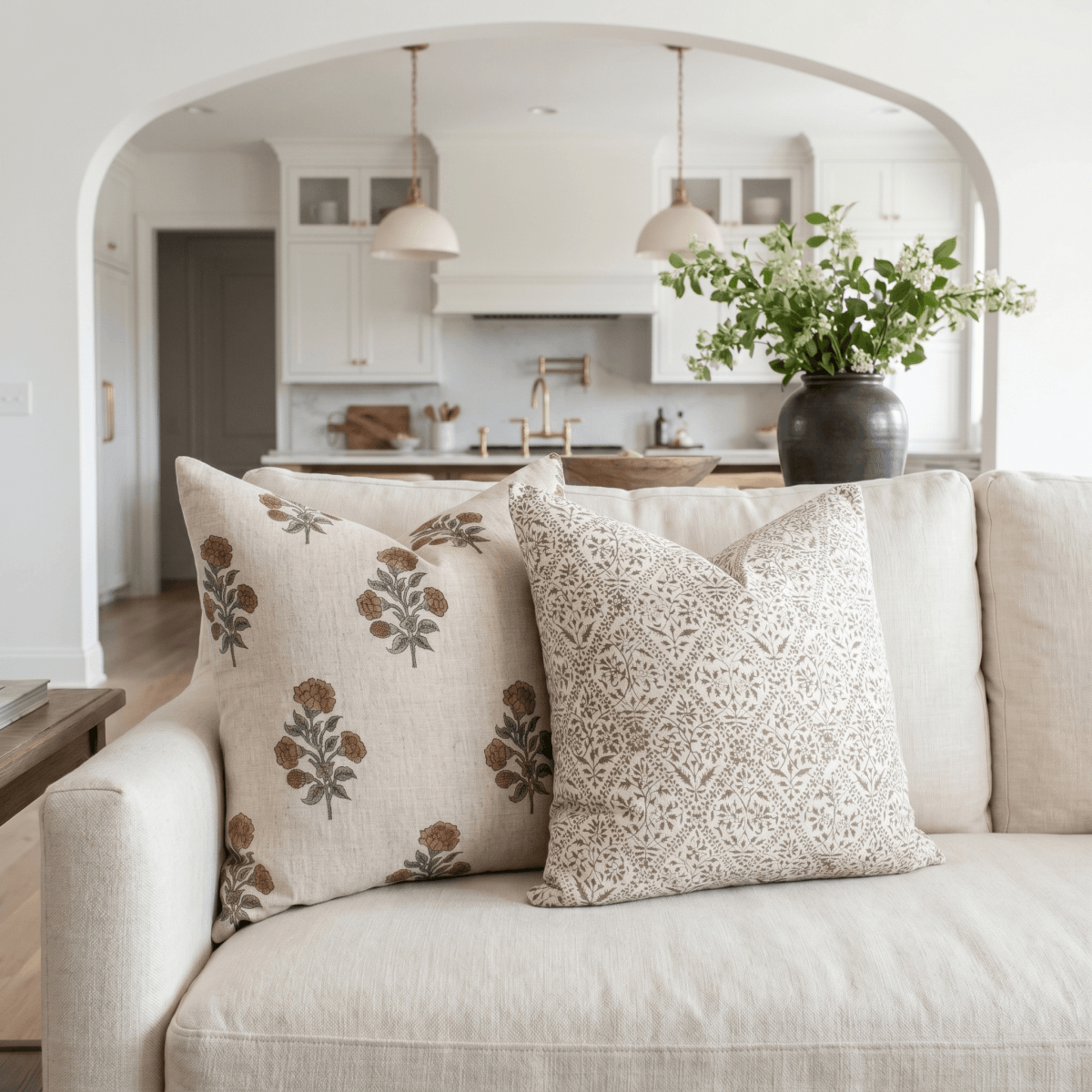 Apartment No.3 Mariella Floral Block Printed Pillow Cover | Mustard on Cream Cotton