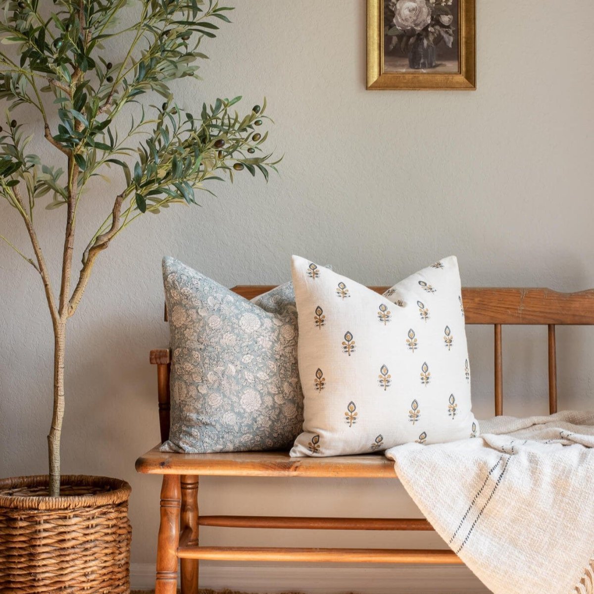 Apartment No.3 Marla Floral Block Printed Pillow Cover | Blue & Mustard on Cream