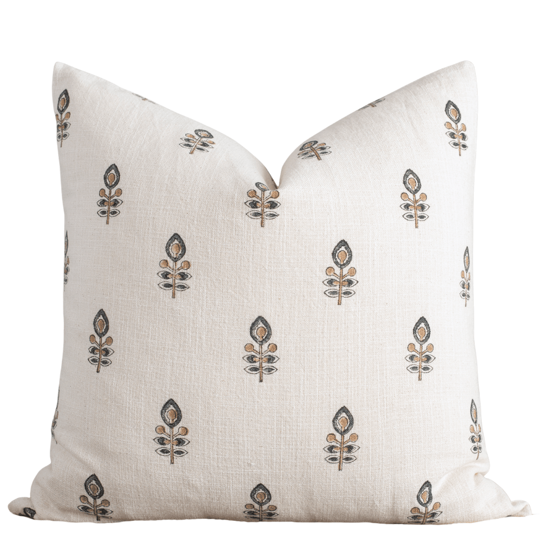 Apartment No.3 Marla Floral Block Printed Pillow Cover | Blue & Mustard on Cream