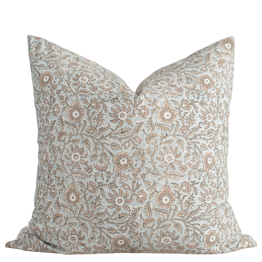 Apartment No.3 Milena Floral Block Printed Cotton Pillow Cover | Blue, Green & Light Brown