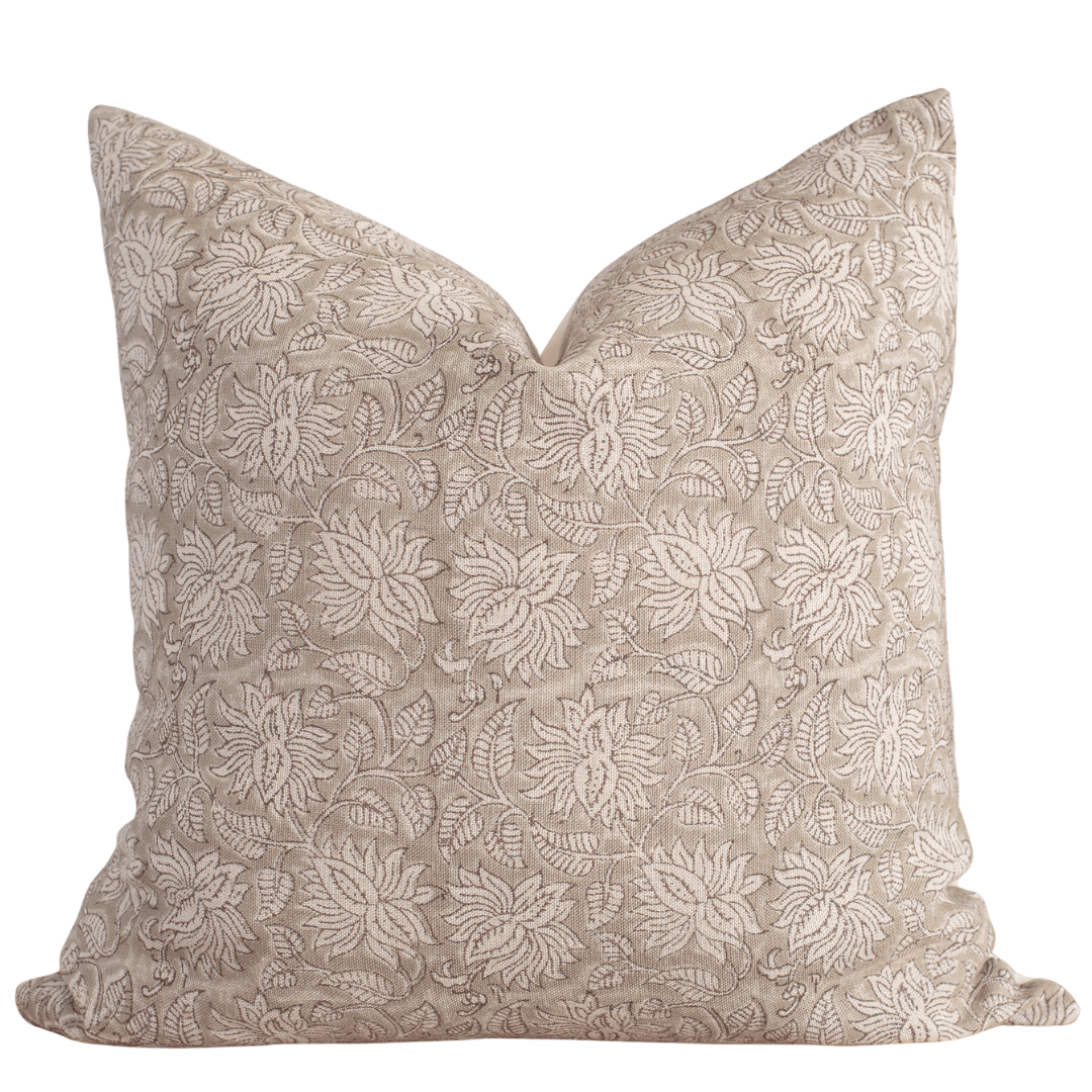 Apartment No.3 Niva Floral Block Print Linen Pillow Cover | Sage Green & Burgundy