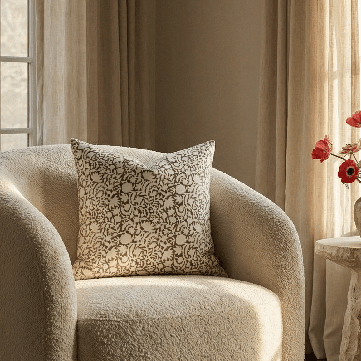 Apartment No.3 Ochre Floral Block Print Cotton Pillow Cover | Mustard & Cream