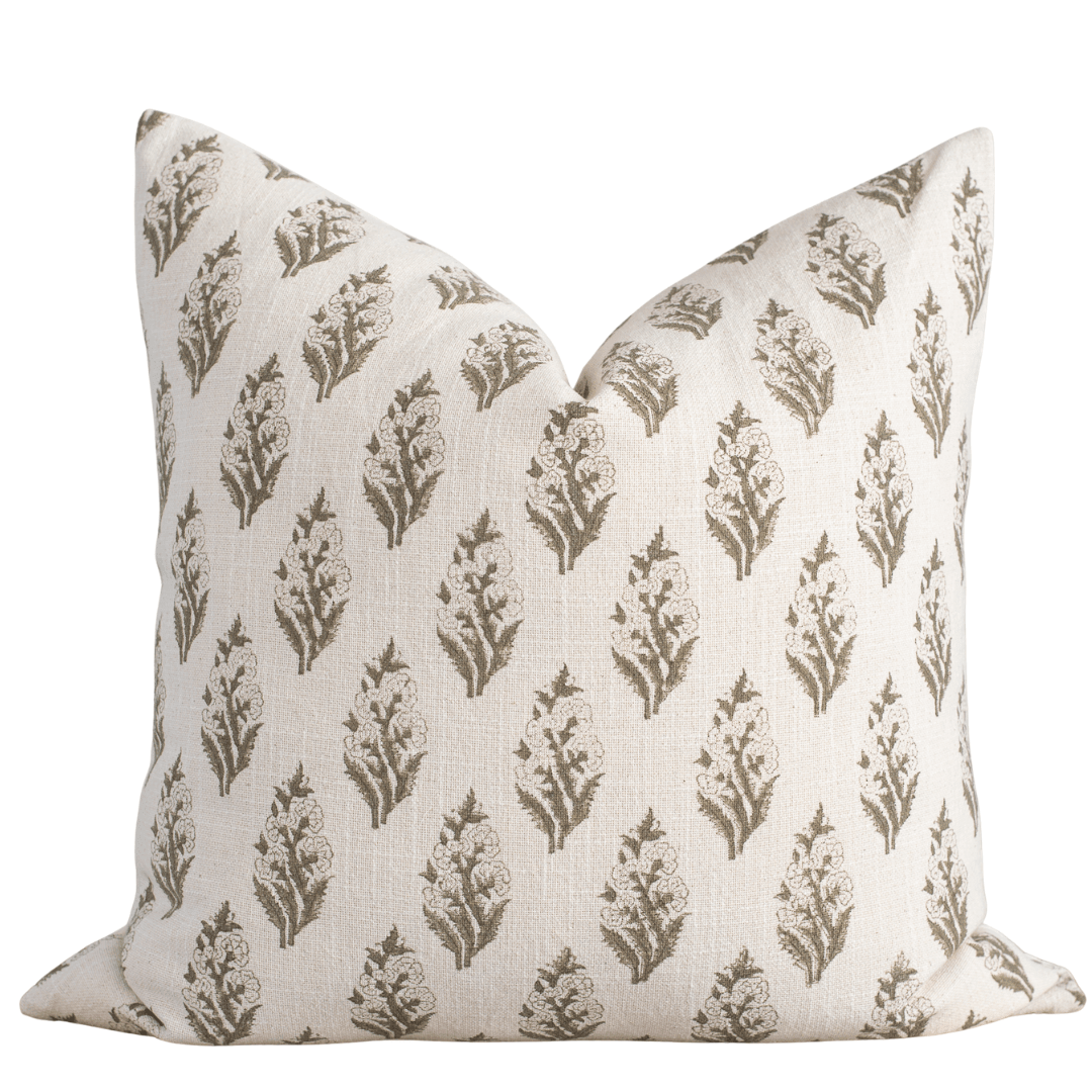 Apartment No.3 Rosalie Floral Block Printed Linen Pillow Cover | Brown & Olive Green