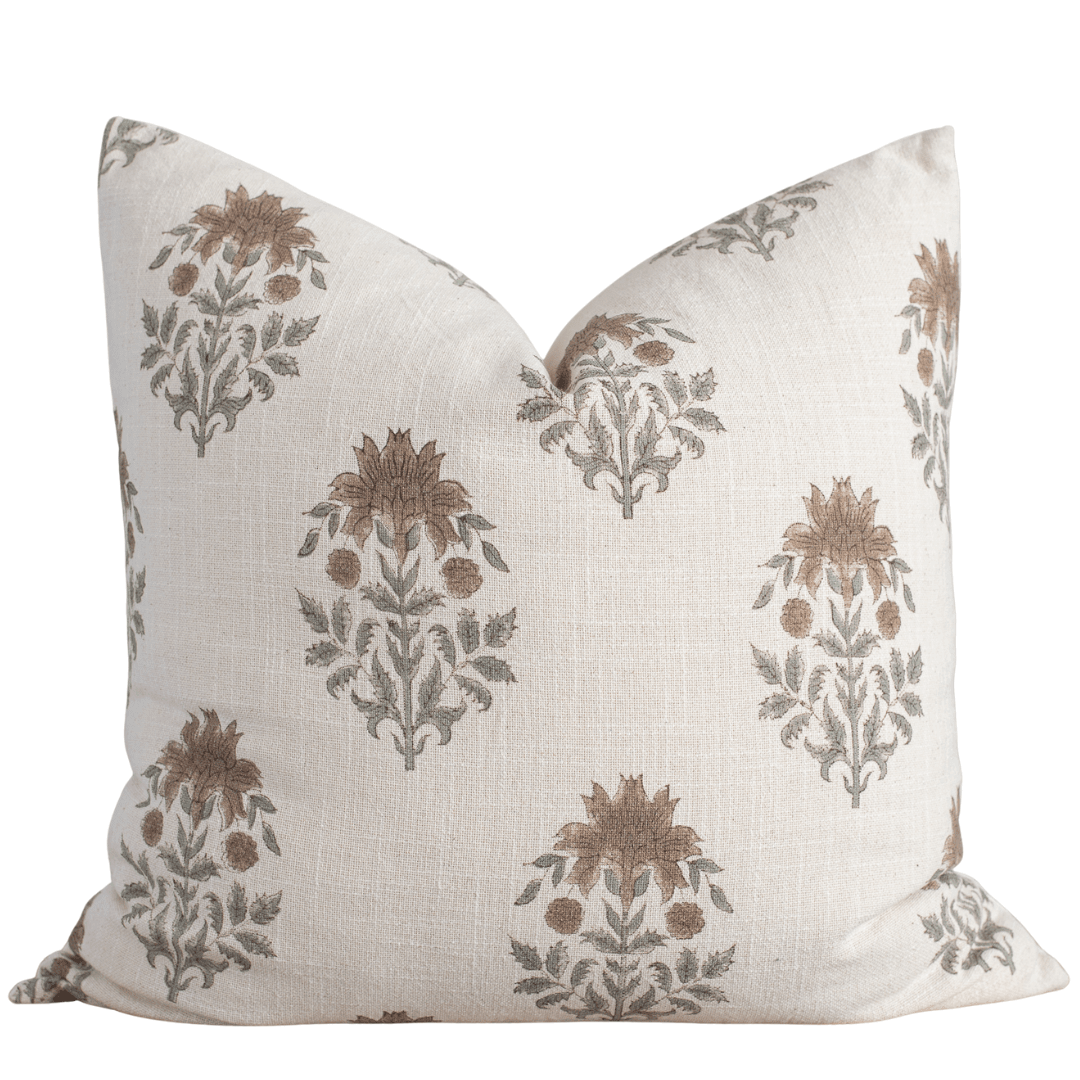 Apartment No.3 Veda Floral Block Printed Pillow Cover | Brown & Green
