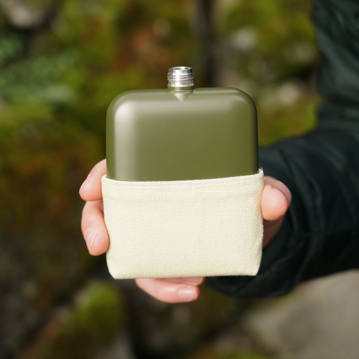 Foster & Rye Army Green 6 oz Stainless Steel Flask with Canvas Pouch - lily & onyx