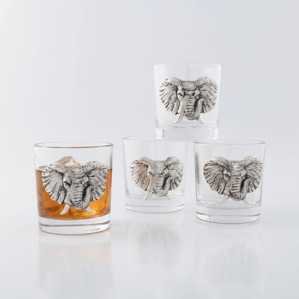 Arthur Court Designs Elephant Bar Glasses, Set of 4 | 12 oz Glass Tumblers with Aluminum Elephant Accent