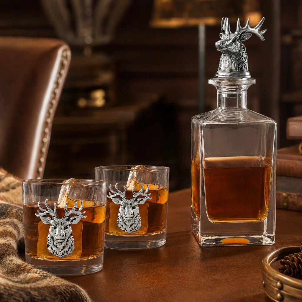 Arthur Court Designs Elk Deer Bust Decanter Set with Glasses | 750ml Decanter & 2 Glasses