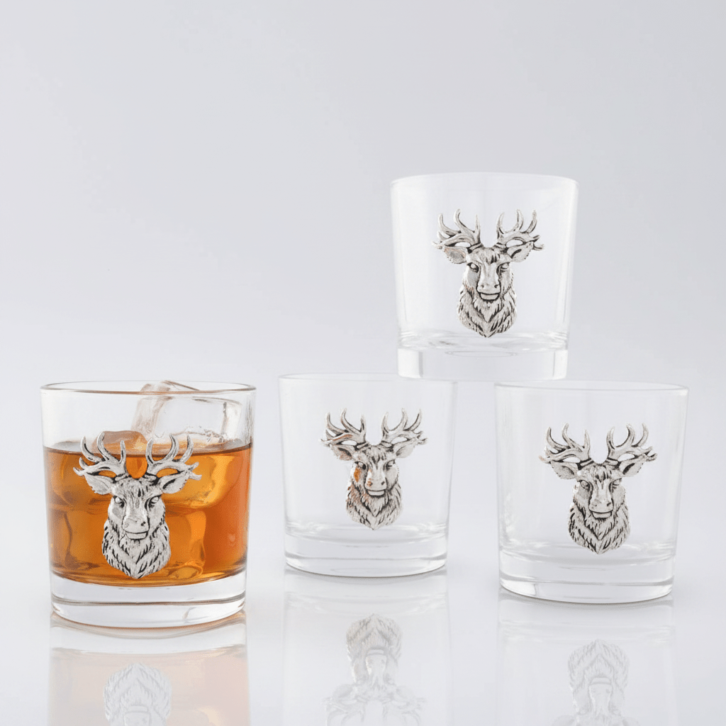 Arthur Court Designs Elk Head Bar Glasses, Set of 4 | 12 oz Glass Tumblers with Aluminum Elk Accent