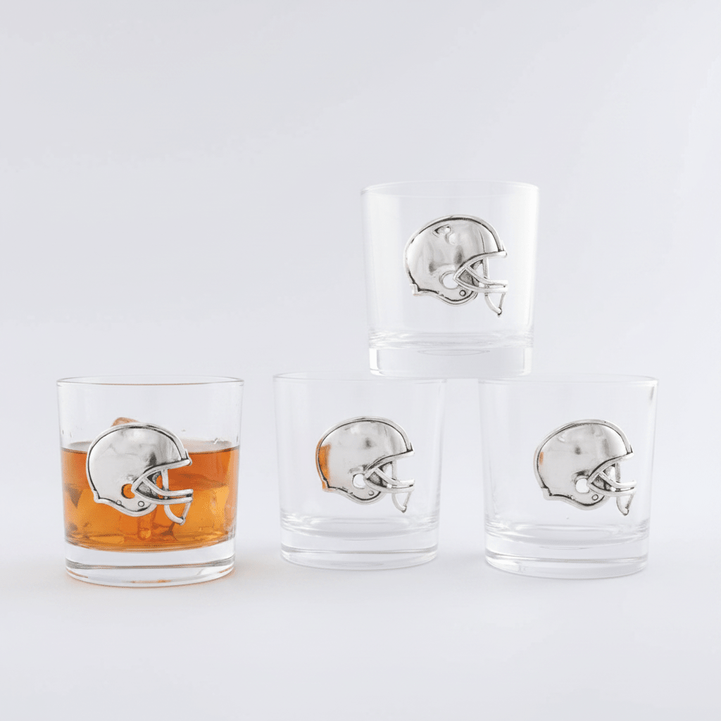 Arthur Court Designs Football Helmet Bar Glasses, Set of 4 | 12 oz Glass Tumblers with Aluminum Helmet Accent, Game Day Drinkware