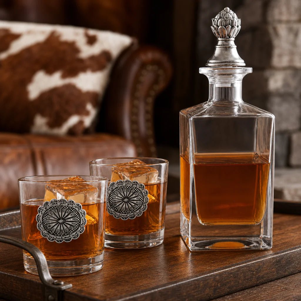 Arthur Court Designs Western Concho Decanter Set with Glasses | 750ml Decanter & 2 Glasses