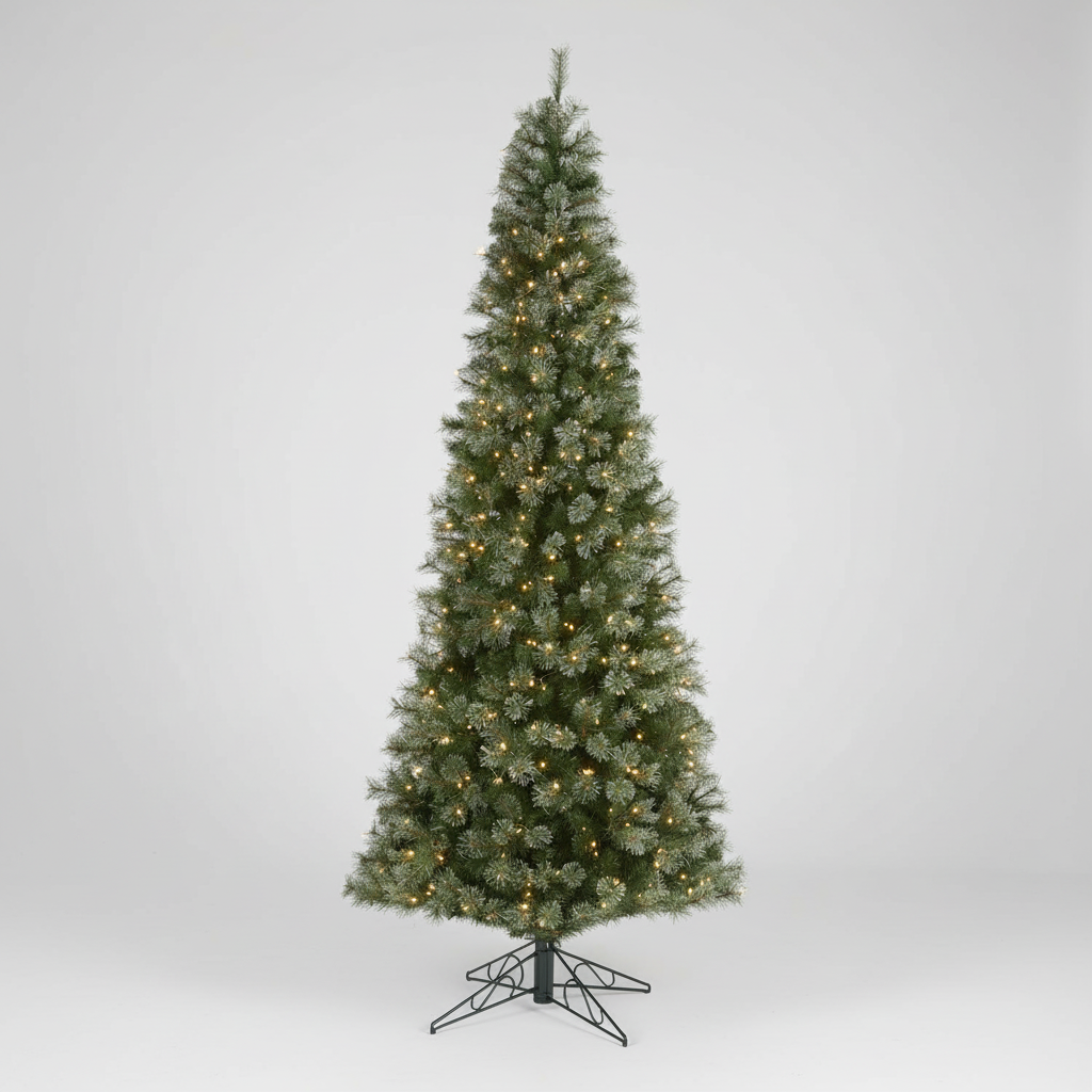 A slim, pencil-shaped artificial Christmas tree with branches, pre-strung lights, and a metal stand.