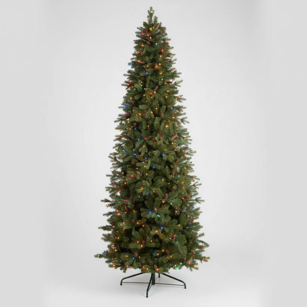 A 10-foot Fraser Fir artificial Christmas tree with multicolor LED lights and bendable branches, standing on a metal stand.