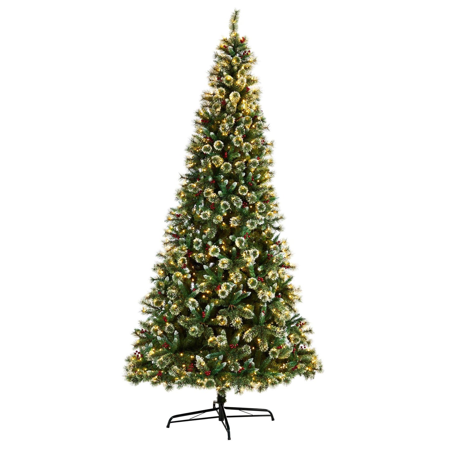 A 10-foot frosted Swiss pine artificial Christmas tree with clear LED lights and faux berries on the branches, standing on a metal stand.