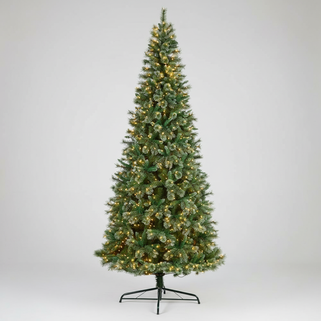 A 10-foot tall artificial Christmas tree with pine foliage and clear LED lights on a metal stand.