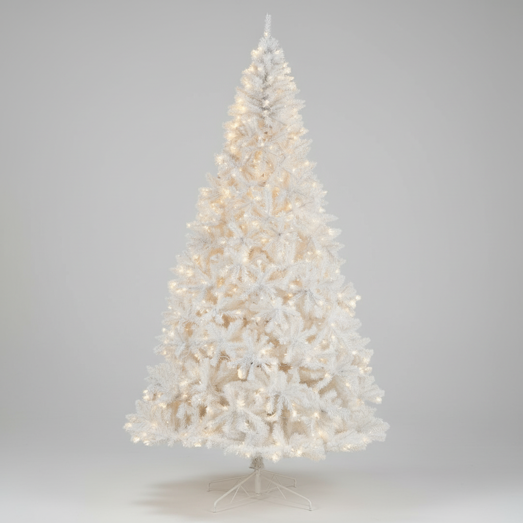 An 11-foot tall white artificial Christmas tree with bendable branches and LED lights, displayed on a metal stand.