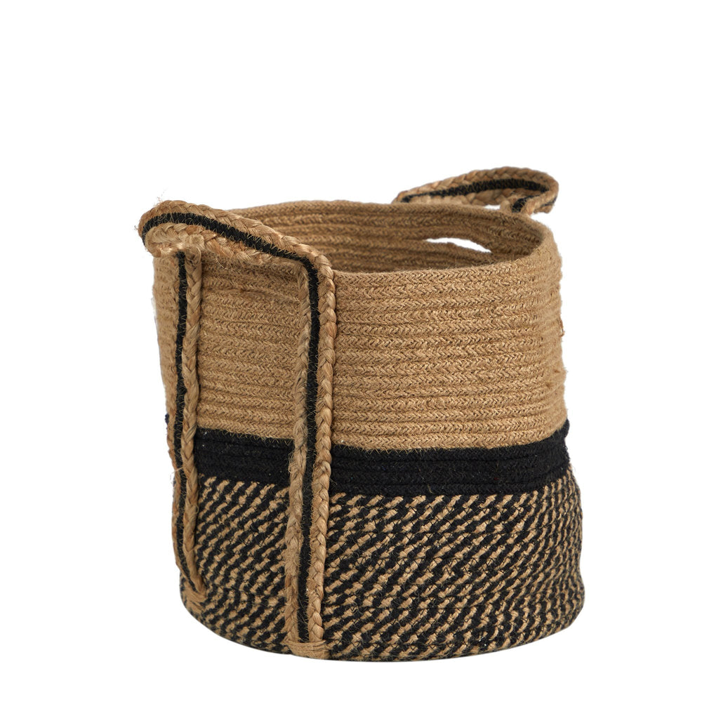 
                      
                        13" Boho Chic Basket Natural Jute Basket Planter, Black Bottom Natural Top with Handles
                      
                    