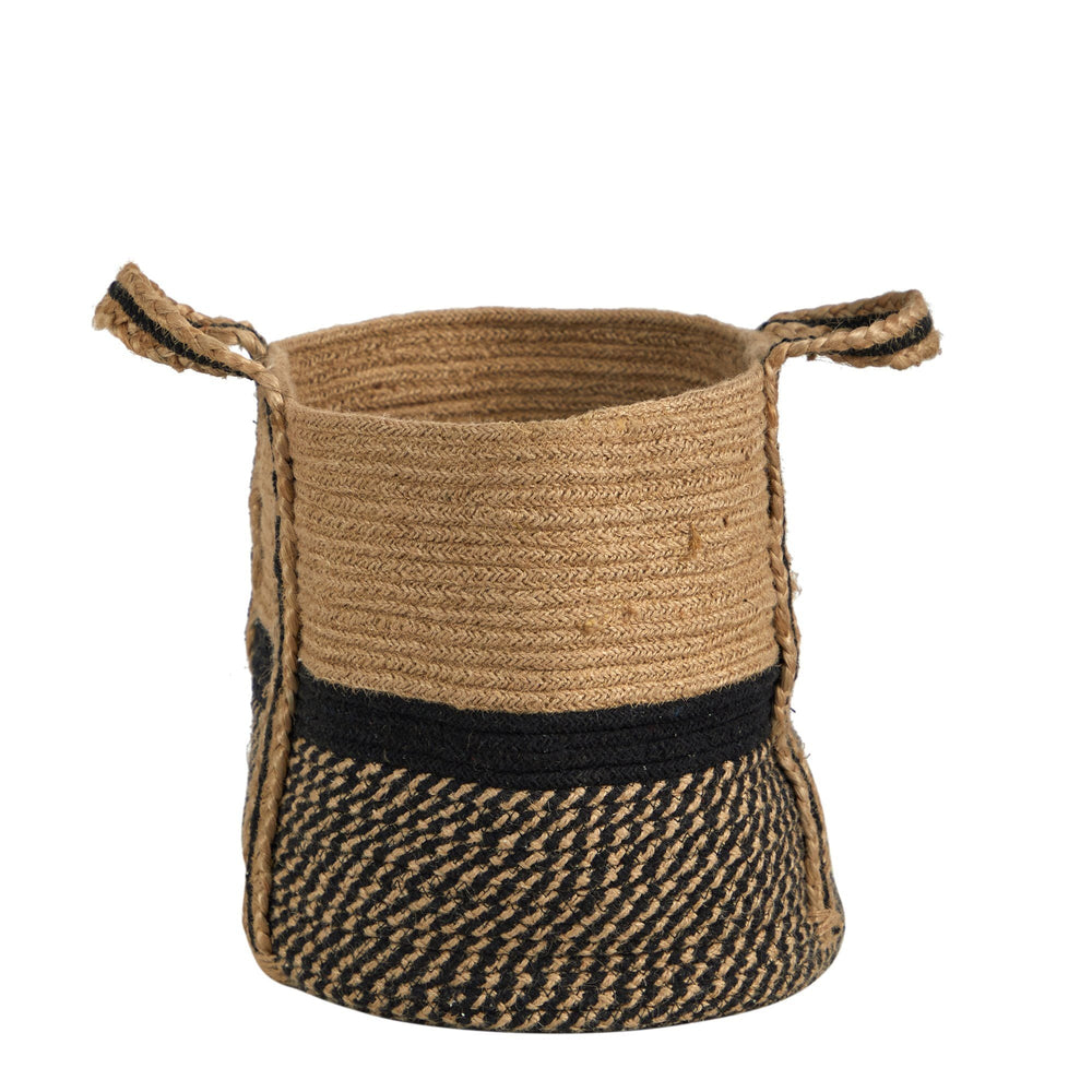 
                      
                        13" Boho Chic Basket Natural Jute Basket Planter, Black Bottom Natural Top with Handles
                      
                    