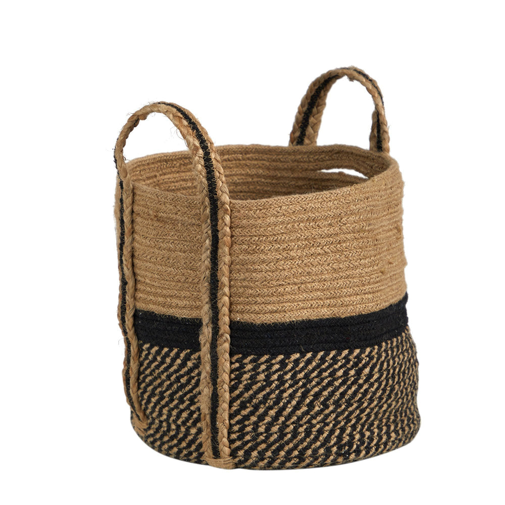
                      
                        13" Boho Chic Basket Natural Jute Basket Planter, Black Bottom Natural Top with Handles
                      
                    