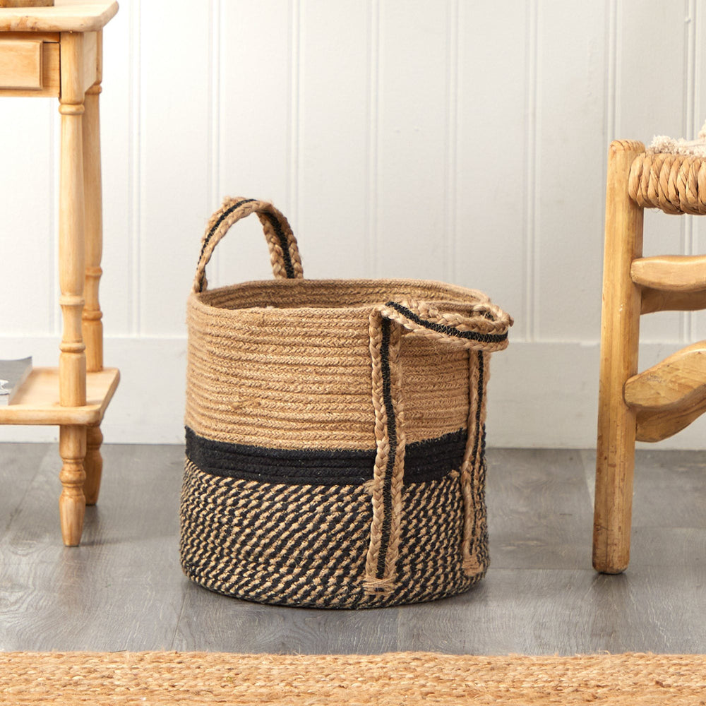 
                      
                        13" Boho Chic Basket Natural Jute Basket Planter, Black Bottom Natural Top with Handles
                      
                    