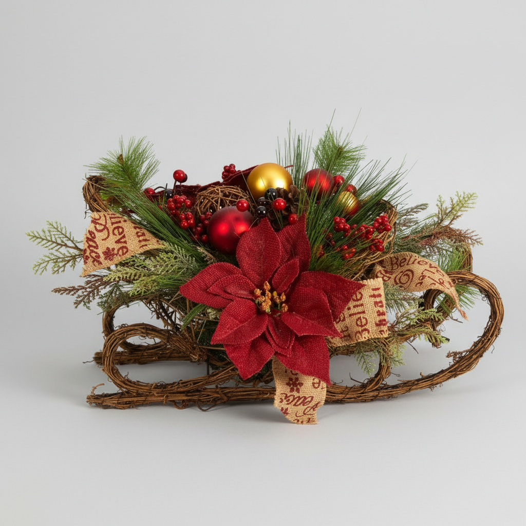 An artificial Christmas sleigh arrangement featuring poinsettia, berries, and pinecone decorations with ornaments, set against a white background.