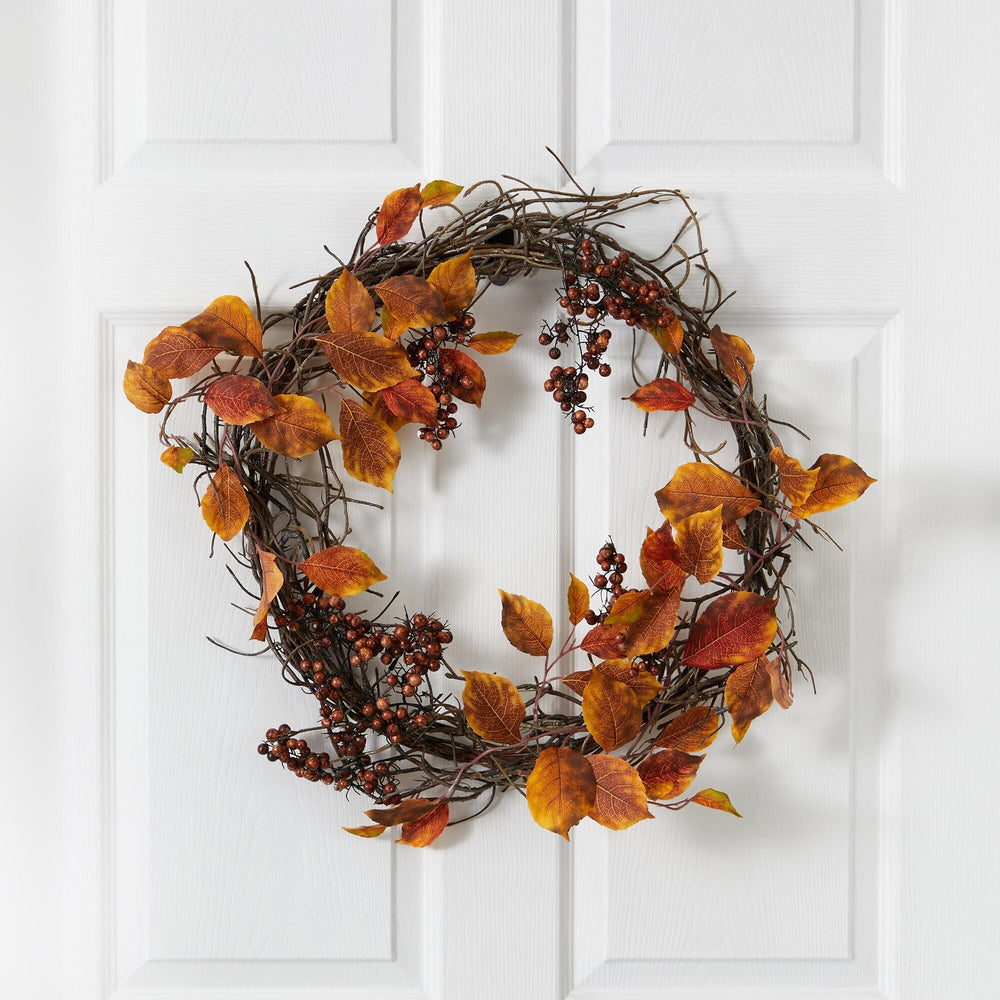 19” Harvest Leaf, Berries and Twig Artificial Wreath