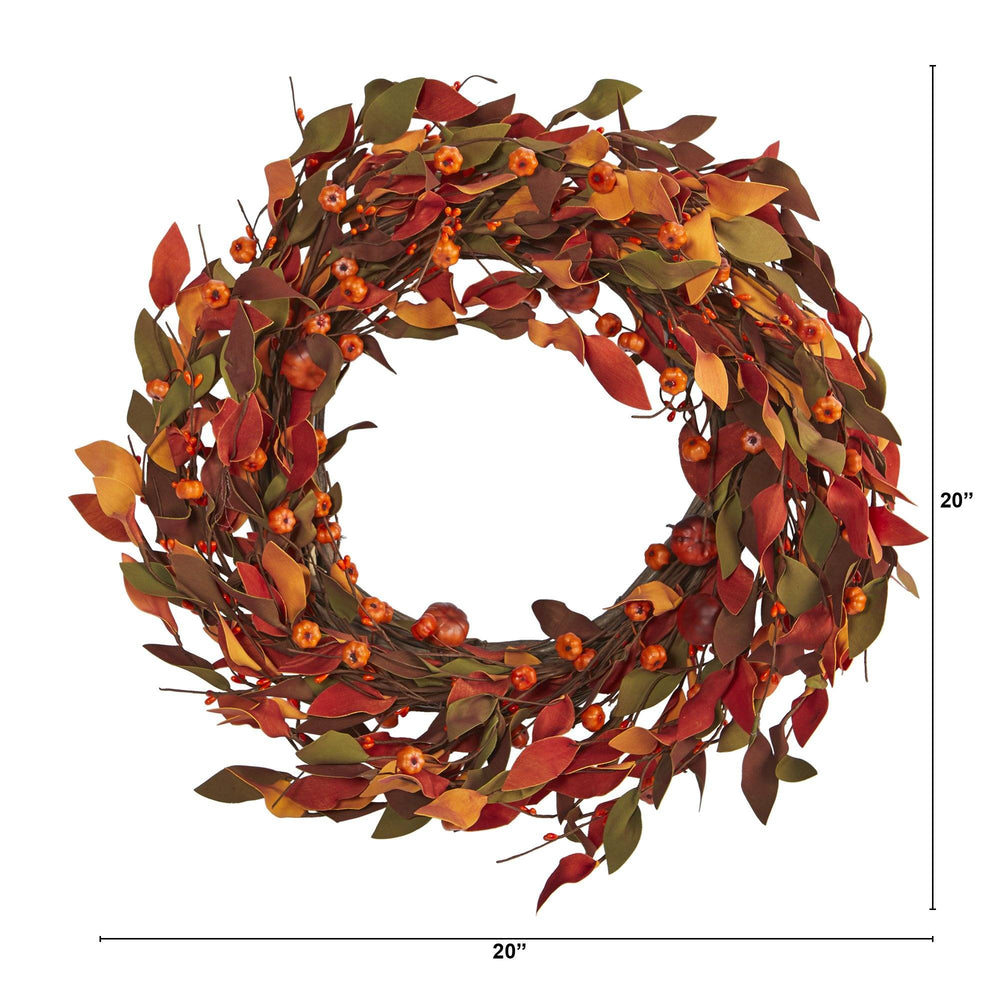 
                      
                        20” Harvest Leaf and Mini Pumpkin Artificial Wreath
                      
                    