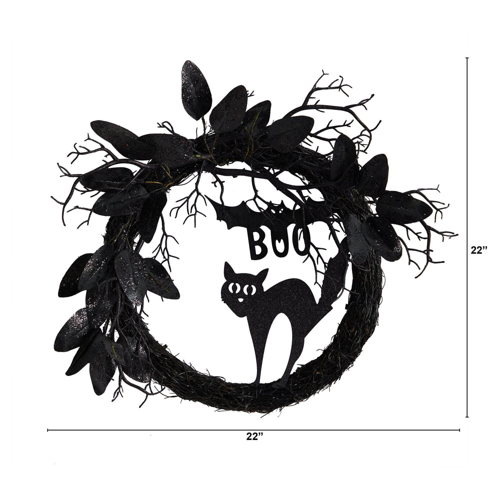 
                      
                        22” Halloween Black Cat and Bat Boo Twig Wreath
                      
                    