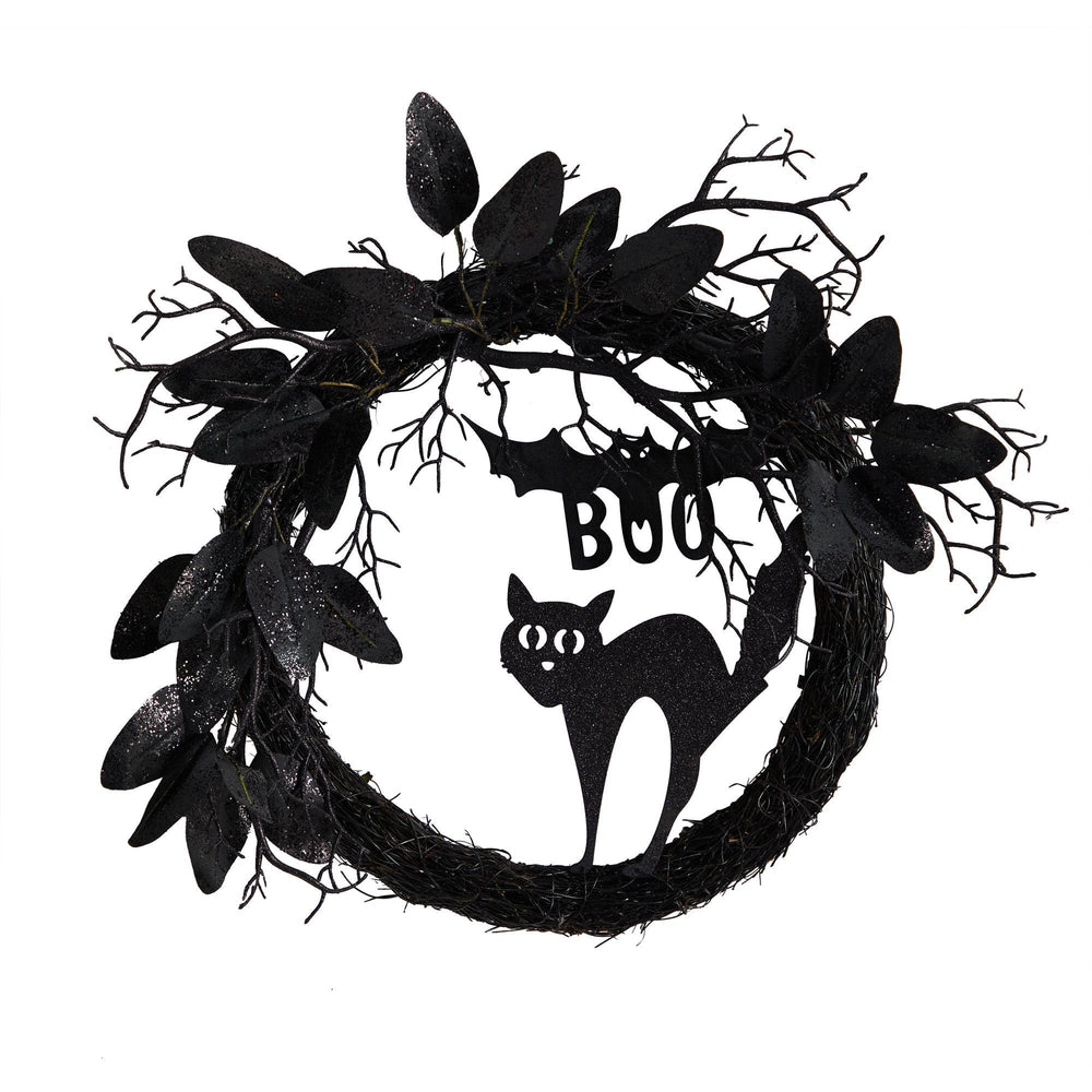
                      
                        22” Halloween Black Cat and Bat Boo Twig Wreath
                      
                    