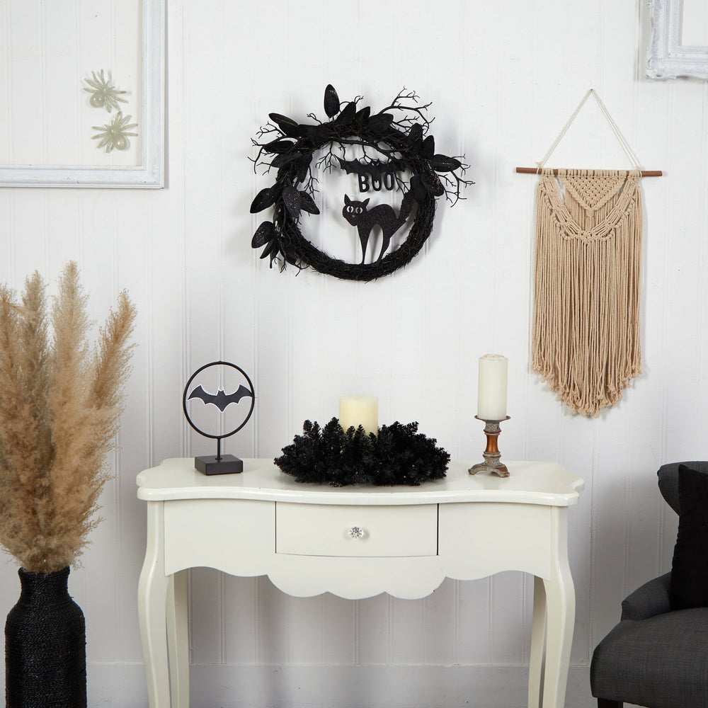 
                      
                        22” Halloween Black Cat and Bat Boo Twig Wreath
                      
                    