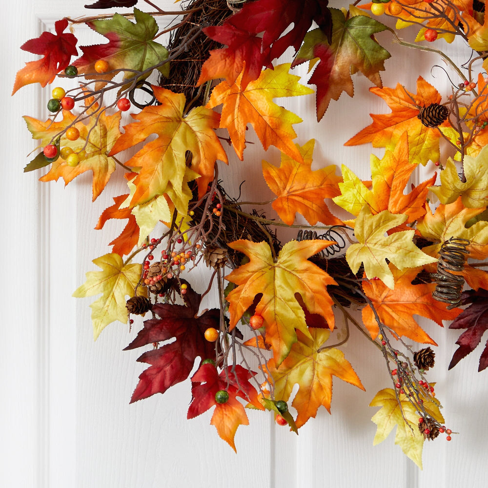 
                      
                        24” Autumn Maple Leaf and Berries Artificial Fall Wreath with Twig Base
                      
                    
