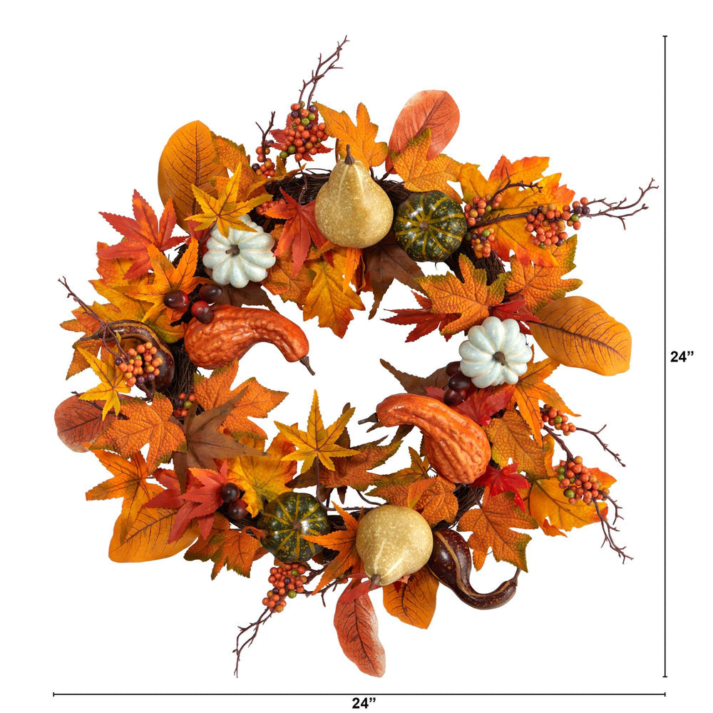 
                      
                        24” Autumn Pumpkin, Gourd and Berries in Assorted Colors Artificial Fall Wreath
                      
                    
