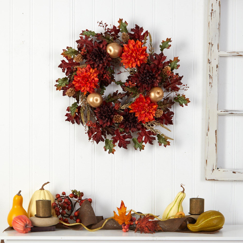 
                      
                        24” Fall Dahlia, Golden Apple, Oak Leaf and Berries Autumn Artificial Wreath
                      
                    