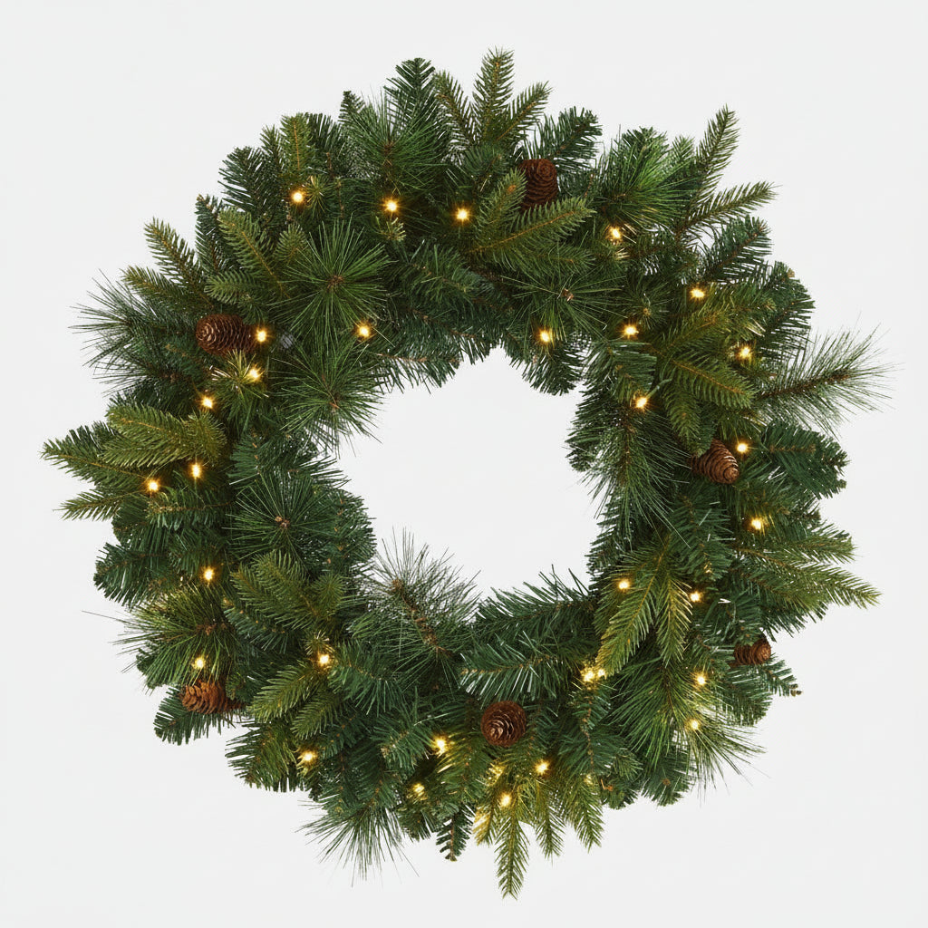 A 24-inch artificial Christmas wreath with a mix of green pine foliage and faux pinecones, pre-strung with 35 clear LED lights.
