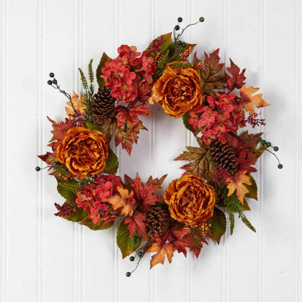 
                      
                        25” Fall Ranunculus, Hydrangea and Berries Autumn Artificial Wreath
                      
                    