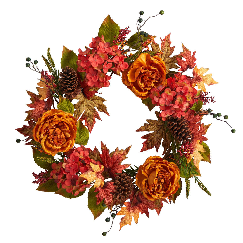 
                      
                        25” Fall Ranunculus, Hydrangea and Berries Autumn Artificial Wreath
                      
                    