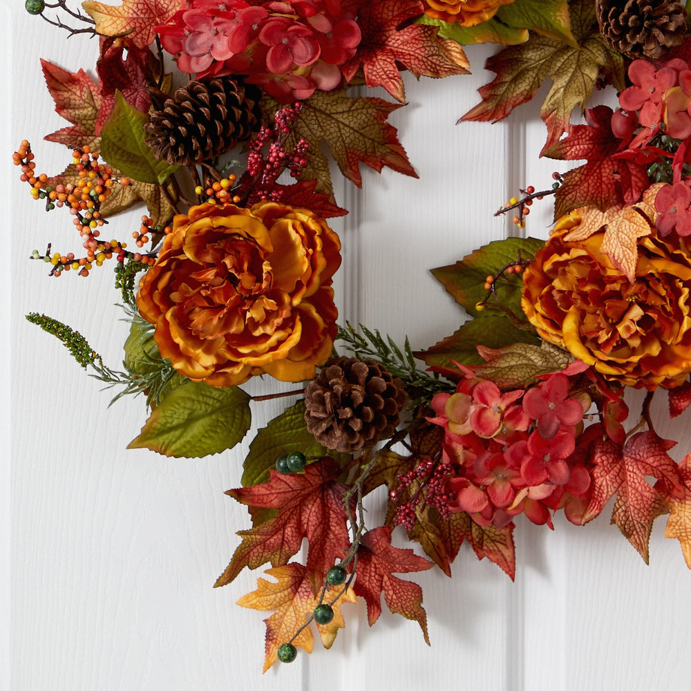 
                      
                        25” Fall Ranunculus, Hydrangea and Berries Autumn Artificial Wreath
                      
                    