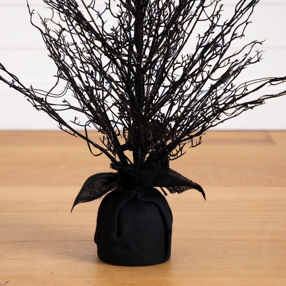 
                      
                        3’ Pre-Lit Halloween Black Twig Artificial Fall Tree in Burlap Planter with 52 Warm White LED Lights
                      
                    