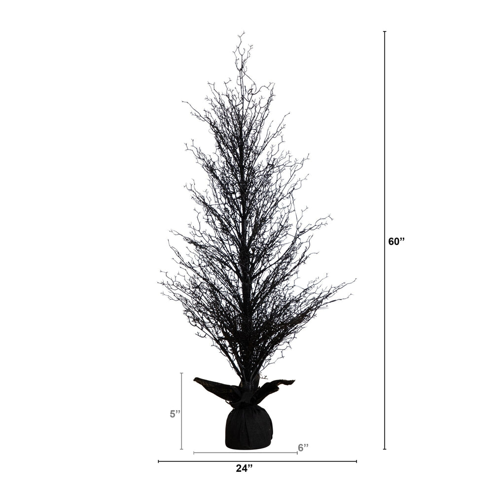 
                      
                        5’ Pre-Lit Halloween Black Twig Artificial Fall Tree in Burlap Planter with 85 Warm White LED Lights
                      
                    