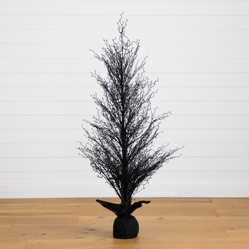 
                      
                        5’ Pre-Lit Halloween Black Twig Artificial Fall Tree in Burlap Planter with 85 Warm White LED Lights
                      
                    