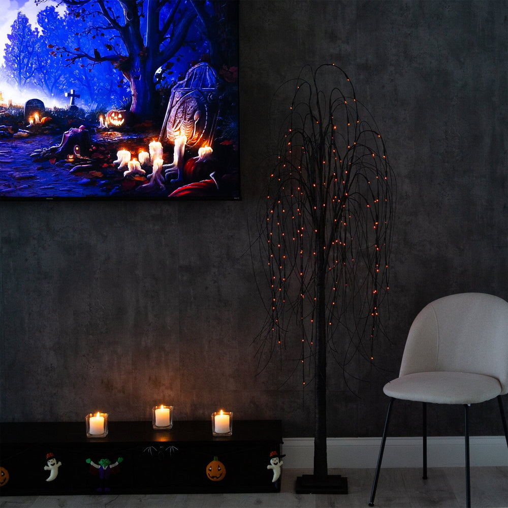 
                      
                        6’ Pre-Lit Halloween Black Willow Artificial Fall Tree with 160 Orange & Purple LED Lights
                      
                    