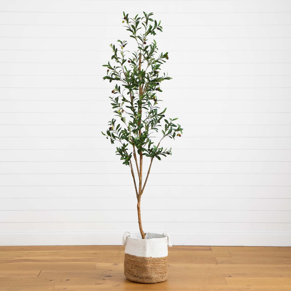 
                      
                        7’ Artificial Olive Tree with Natural Trunk and Handmade Jute Basket
                      
                    