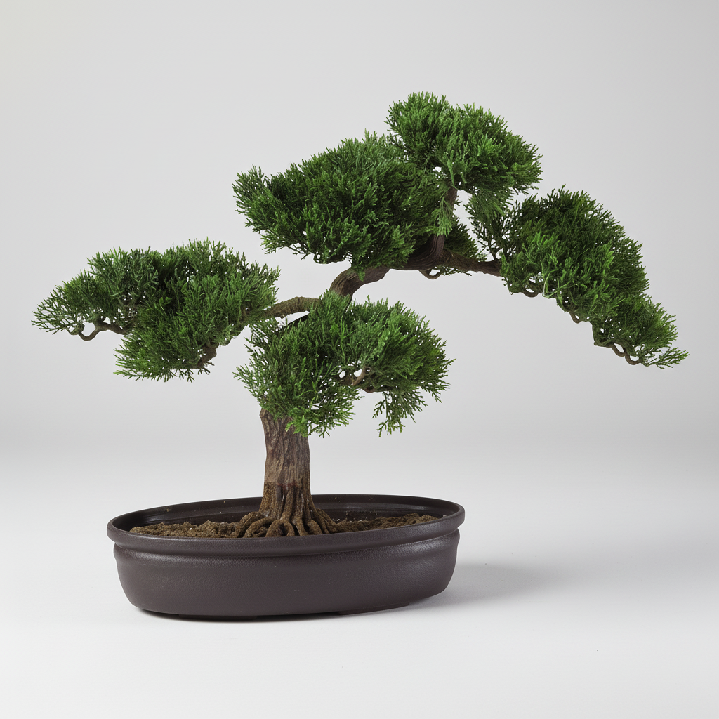 A 16-inch tall artificial Cedar bonsai plant in a circular container with artificial soil, featuring a realistic leaf pattern and branch structure.