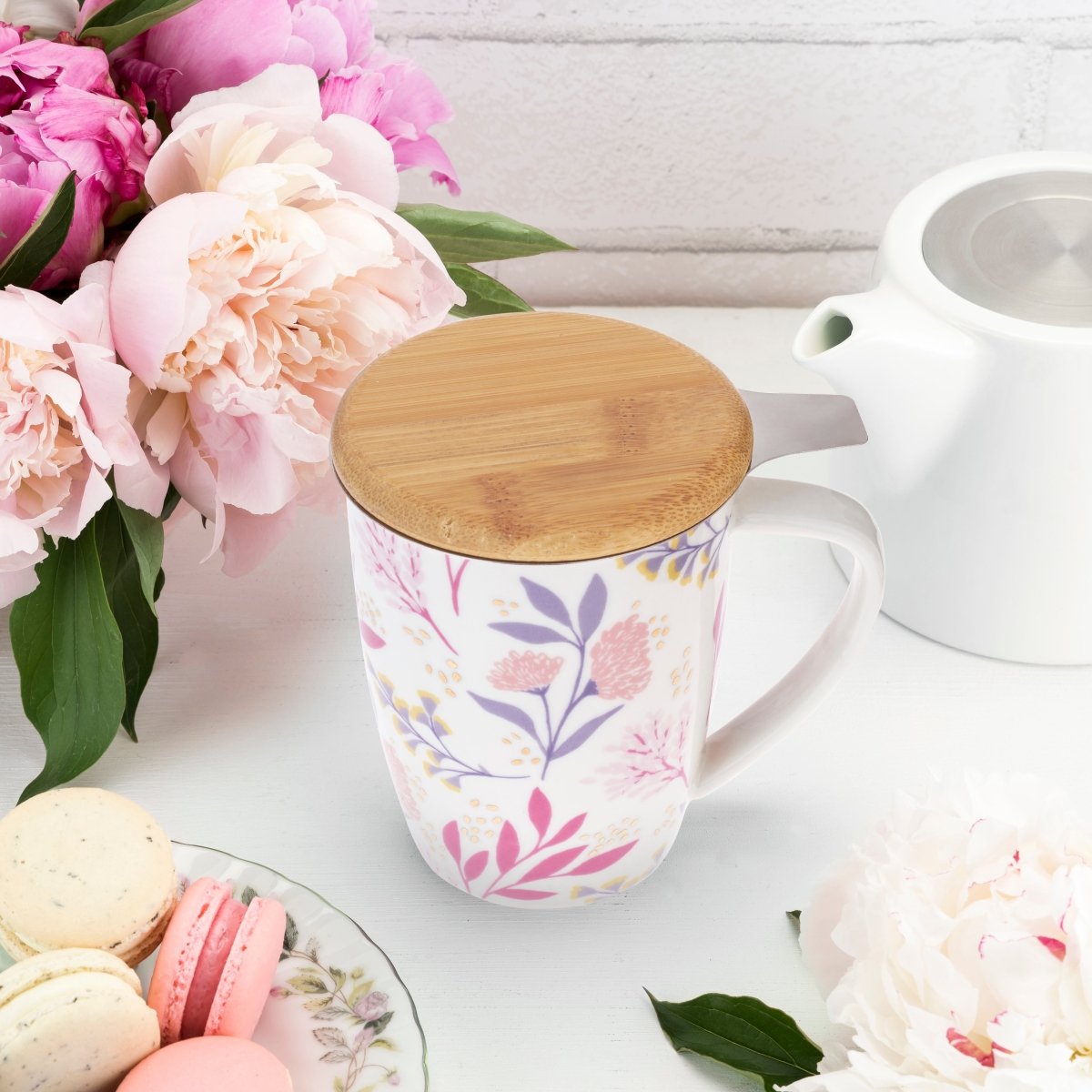 Pinky Up Tea Bailey: Botanical Bliss Ceramic Tea Mug & Infuser, 12oz - lily & onyx