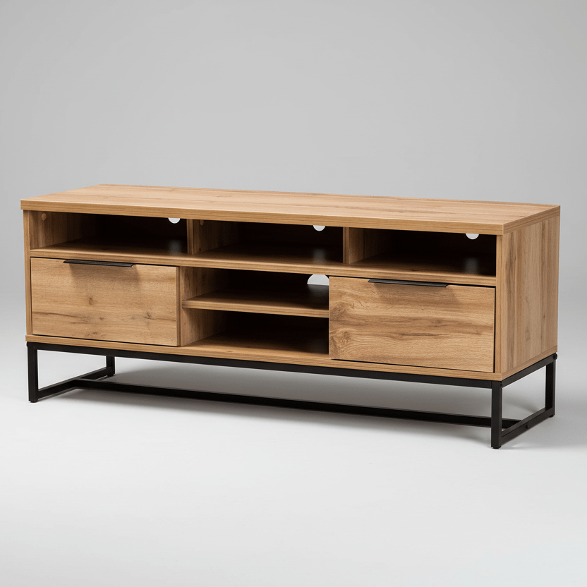 Baxton Studio Reid Industrial TV Stand - Oak Wood & Black Metal with 2 Drawers, 5 Shelves