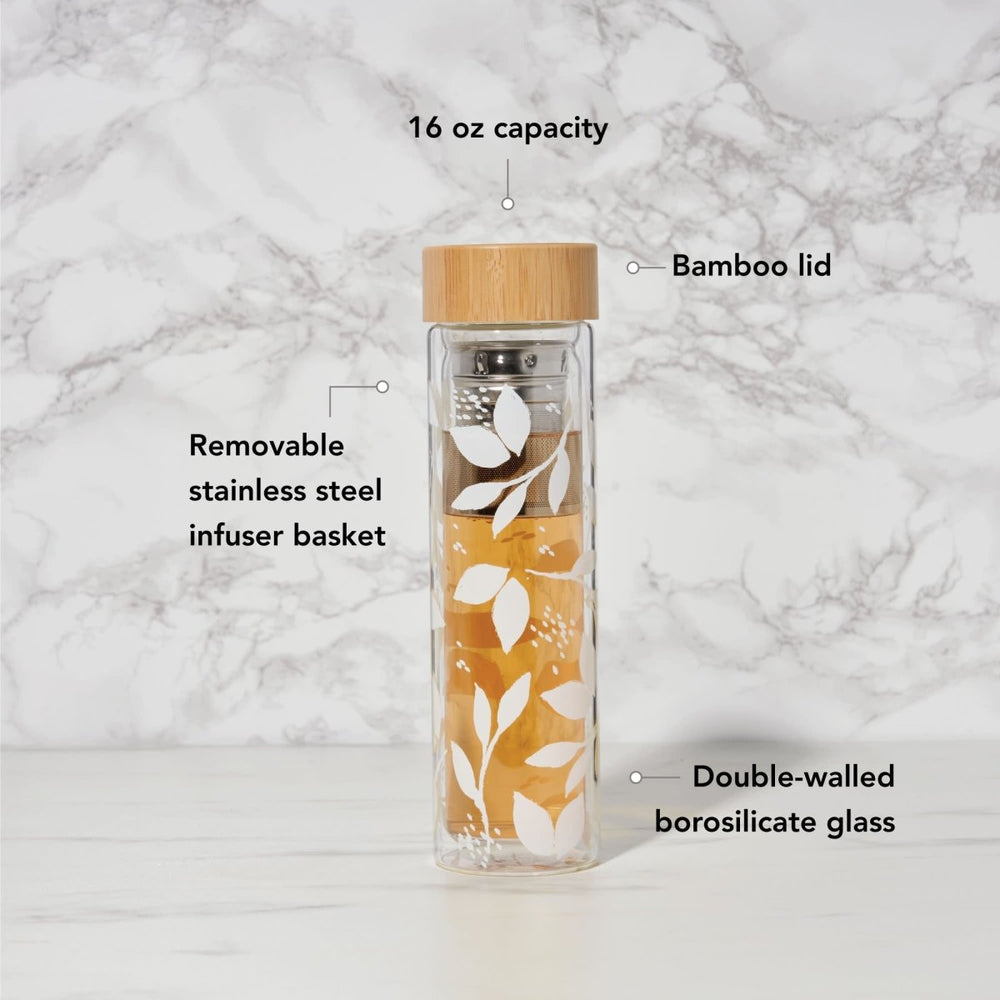 
                      
                        Pinky Up Tea Blair: White Leaf Pattern Glass Travel Infuser Mug - lily & onyx
                      
                    