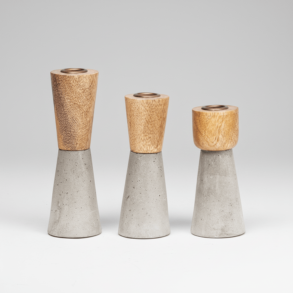 Bloomingville Cement & Wood Taper Candle Holders, Set of 3 | Modern Rustic Home Décor